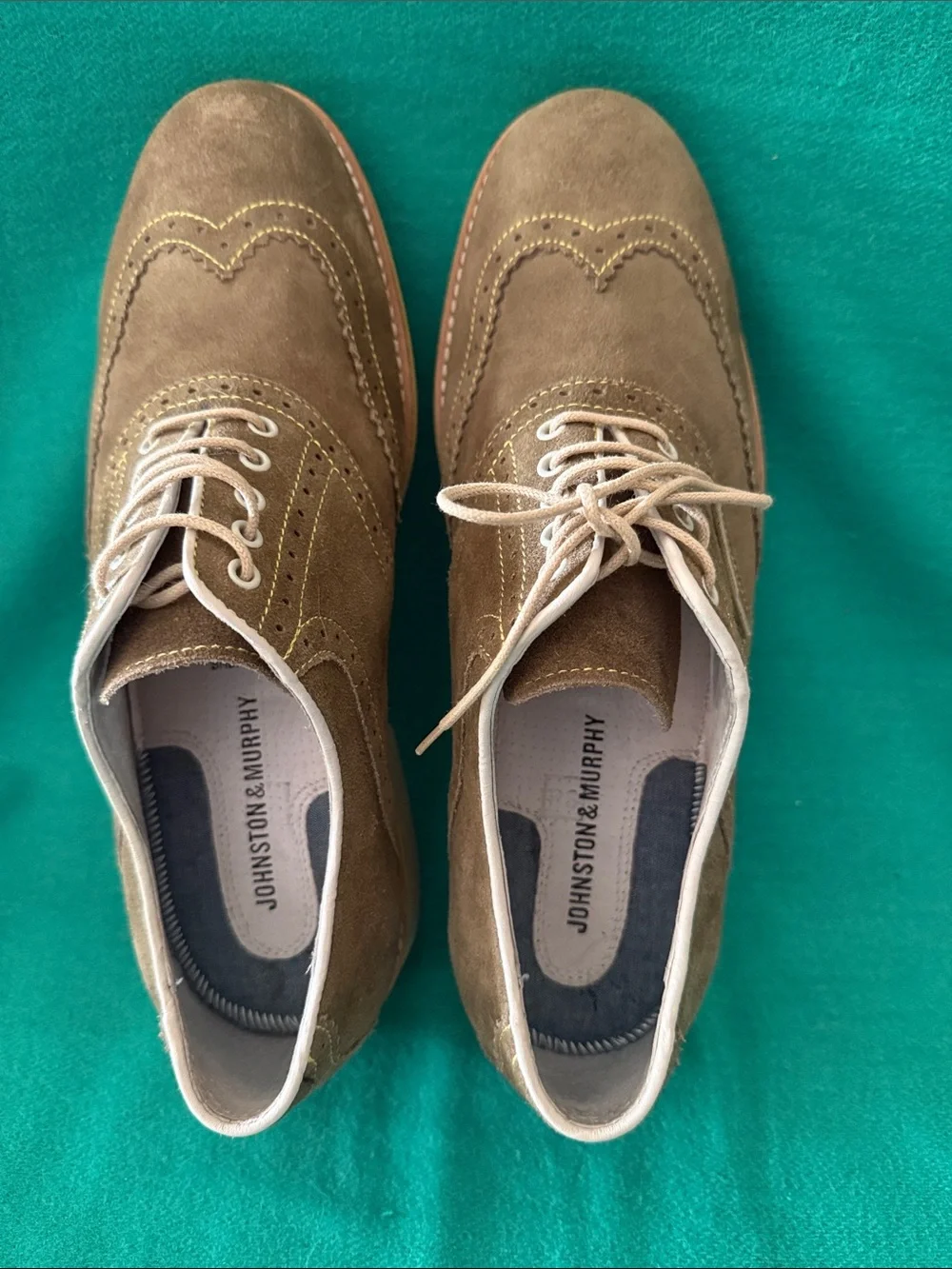 Johnston & Murphy Brown Suede Wingtip Oxfords with Yellow Accent